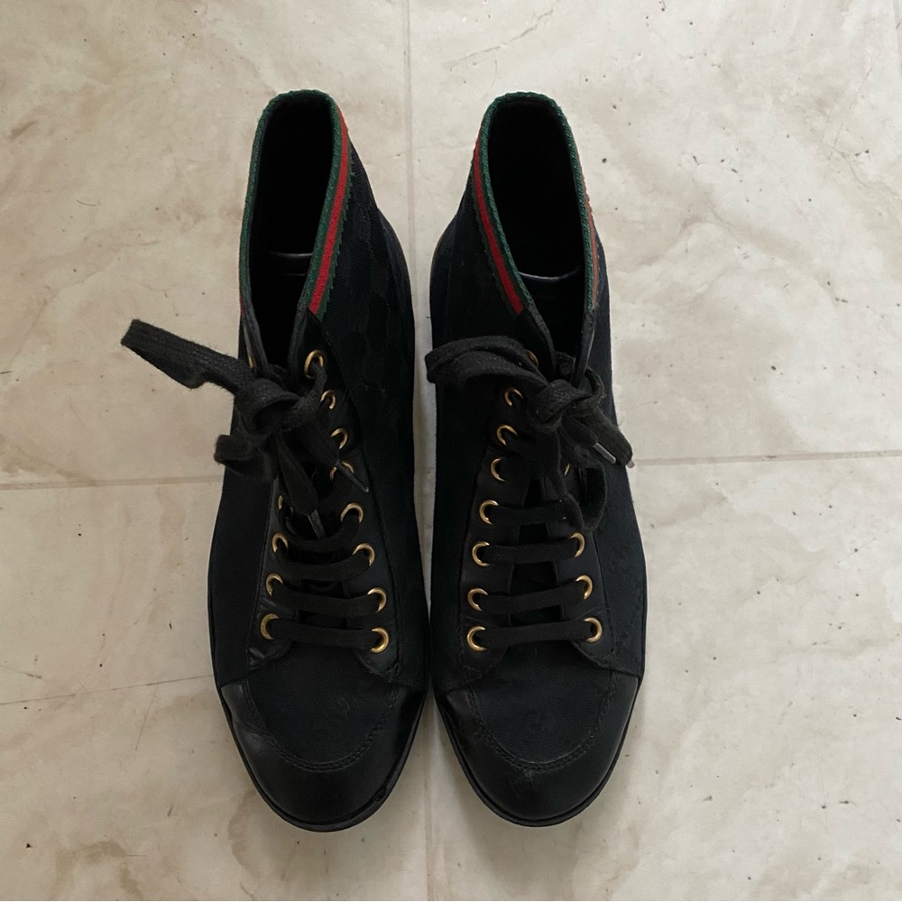 $985 Gucci Made in Italy GG Monogram Black Leather Canvas High Top Sneakers 5.5 - Picture 3 of 13